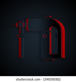 Paper cut Electric rotary hammer drill machine icon isolated on black background. Working tool for construction, finishing, repair work. Paper art style. Vector Illustration