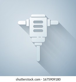 Paper cut Electric rotary hammer drill machine icon isolated on grey background. Working tool for construction, finishing, repair work. Paper art style. Vector Illustration