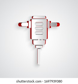 Paper cut Electric rotary hammer drill machine icon isolated on grey background. Working tool for construction, finishing, repair work. Paper art style. Vector Illustration