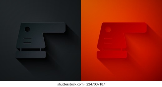 Paper cut Electric sander icon isolated on black and red background. Orbital sander. For floor and wooden planks sanding sandpaper. Paper art style. Vector