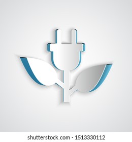 Paper cut Electric saving plug in leaf icon isolated on grey background. Save energy electricity icon. Environmental protection icon. Bio energy. Paper art style. Vector Illustration