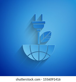Paper cut Electric saving plug in leaf icon isolated on blue background. Save energy electricity icon. Environmental protection icon. Bio energy. Paper art style. Vector Illustration
