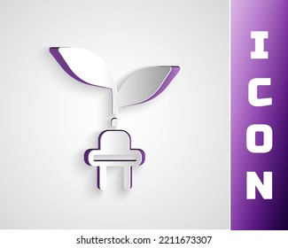 Paper cut Electric saving plug in leaf icon isolated on grey background. Save energy electricity. Environmental protection. Bio energy. Paper art style. Vector