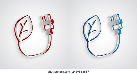 Paper cut Electric saving plug in leaf icon isolated on grey background. Save energy electricity. Environmental protection. Bio energy. Paper art style. Vector