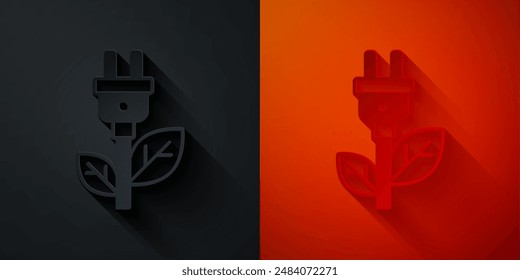Paper cut Electric saving plug in leaf icon isolated on black and red background. Save energy electricity. Environmental protection. Bio energy. Paper art style. Vector
