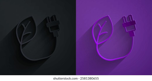 Paper cut Electric saving plug in leaf icon isolated on black on purple background. Save energy electricity. Environmental protection. Bio energy. Paper art style. Vector