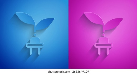 Paper cut Electric saving plug in leaf icon isolated on blue and purple background. Save energy electricity. Environmental protection. Bio energy. Paper art style. Vector