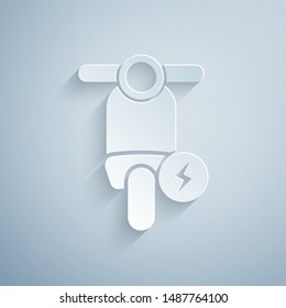 Paper cut Electric scooter icon isolated on grey background. Paper art style. Vector Illustration