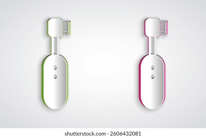 Paper cut Electric toothbrush icon isolated on grey background. Paper art style. Vector