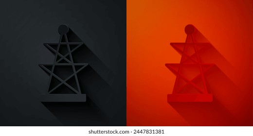 Paper cut Electric tower used to support an overhead power line icon isolated on black and red background. High voltage power pole line. Paper art style. Vector