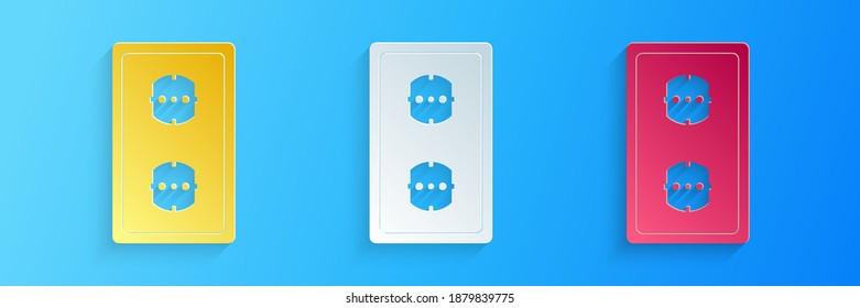 Paper cut Electrical outlet icon isolated on blue background. Power socket. Rosette symbol. Paper art style. Vector.