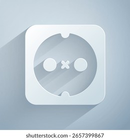 Papierschnitt Elektrisches Auslasssymbol einzeln auf grauem Hintergrund. Netzsteckdose. Rosettensymbol. Papierkunststil. Vektorgrafik