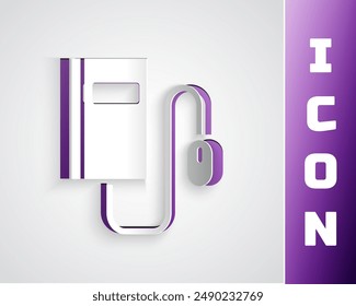 Paper cut Electronic book with mouse icon isolated on grey background. Online education concept. E-book badge icon. Paper art style. Vector Illustration