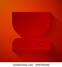 Paper cut Electronic scales icon isolated on red background. Weight measure equipment. Paper art style. Vector Illustration