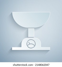 Paper cut Electronic scales icon isolated on grey background. Weight measure equipment. Paper art style. Vector Illustration