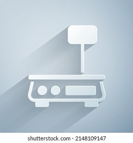 Paper cut Electronic scales icon isolated on grey background. Weight for food. Weighing process in store or supermarket. Paper art style. Vector