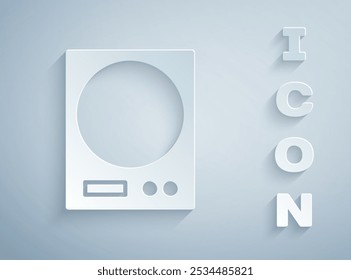 Paper cut Electronic scales icon isolated on grey background. Weight measure equipment. Paper art style. Vector Illustration