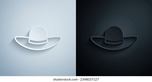 Paper cut Elegant women hat icon isolated on grey and black background. Paper art style. Vector