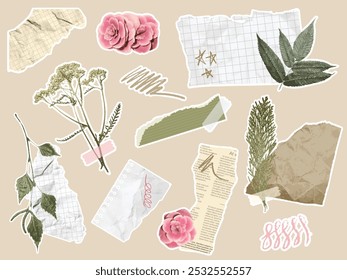 Paper cut elements. Botanical collage with scrapbook torn paper pieces, scribbles, branches with leaves and flowers. Coquette aesthetic journal floral design vector set.