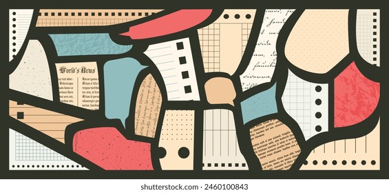 Paper Cut elements set for Collage. Pieces of retro Newspaper with vintage text made with scissors. Clipped Sheets of abstract Notebook with smooth sharp corners. Trendy grunge shapes for scrapbook