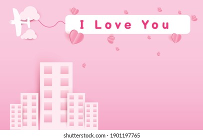 Paper cut elements in shape of heart flying with clouds and city ,plane is dragging the love sign on pink  background. Vector symbols of love for Happy Valentine's Day, birthday greeting card design.