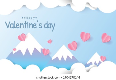 Paper cut elements in shape of heart flying on mountain  pink and sweet background. landscape with balloon Vector symbols of love for Happy Valentines Day, greeting card design.