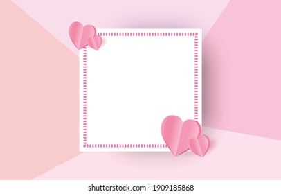Paper cut elements in shape of heart on rectangular frame has free space.and pink sweet background. Vector symbols of love for Happy Valentine's Day, birthday greeting card design.