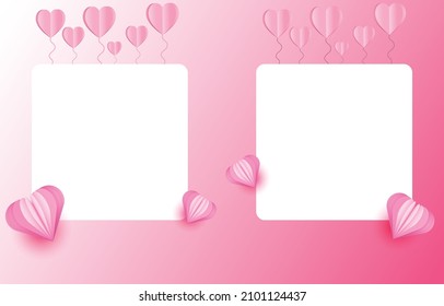 Paper cut elements in shape of heart on rectangular frame has free space.and pink sweet background. Vector symbols of love for Happy Valentine's Day, birthday greeting card design.