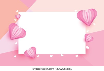 Paper cut elements in shape of heart on rectangular frame has free space.and pink sweet background. Vector symbols of love for Happy Valentine's Day, birthday greeting card design.