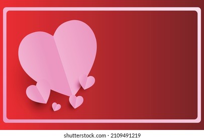 Paper cut elements in shape of heart on rectangular frame has free space.and red background. Vector symbols of love for Happy Valentine's Day, birthday greeting card design.