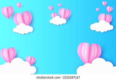 Paper cut elements in shape of heart flying and cloud on sky background. Vector greeting card design of love for Happy Valentine’s Day, birthday, Father’s Day, Mother’s Day, women’s day, new year.