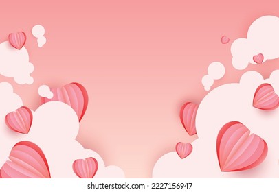 Paper cut elements in shape of heart flying on the clouds  pink and sweet backgrounds. copy space for design. vector symbols of love for Happy Valentine's Day, birthday greeting card design.