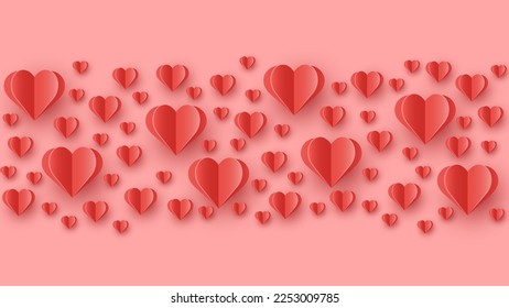 Paper cut elements in shape of heart on pink background. Symbols of love for Valentine’s Day, Mother’s Day and Women’s Day. Vector illustration