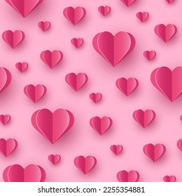 Paper cut elements in shape of heart on pink background. Seamless pattern with symbols of love. Vector illustration