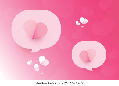 Paper cut elements in shape of heart on speech bubble frame has free space.and pink sweet background. Vector symbols of love for Happy Valentines Day, birthday greeting card design.