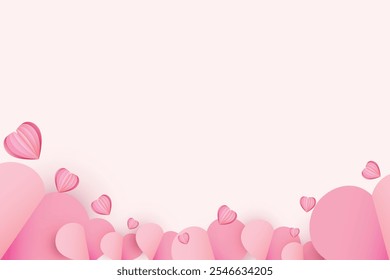 Paper cut elements in shape of heart on rectangular frame has free space.and pink sweet background. Vector symbols of love for Happy Valentines Day, birthday greeting card design.