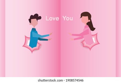 Paper cut elements in shape of young people and  haerts papercut background. Vector symbols of love for Happy Valentine's Day,  greeting card design.