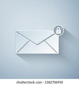 Paper cut Email message lock password icon isolated on grey background. Envelope with padlock sign. Private mail and security, secure, protection, privacy symbol. Paper art style. Vector Illustration