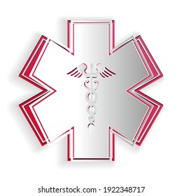 Paper cut Emergency star - medical symbol Caduceus snake with stick icon isolated on white background. Star of Life. Paper art style. Vector.