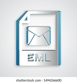 Paper cut EML file document. Download eml button icon isolated on grey background. EML file symbol. Paper art style. Vector Illustration