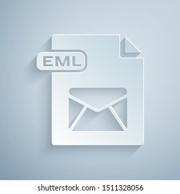 Paper cut EML file document. Download eml button icon isolated on grey background. EML file symbol. Paper art style. Vector Illustration