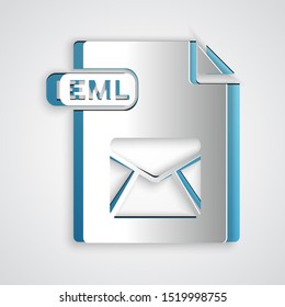 Paper cut EML file document. Download eml button icon isolated on grey background. EML file symbol. Paper art style. Vector Illustration