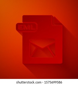 Paper cut EML file document. Download eml button icon isolated on red background. EML file symbol. Paper art style. Vector Illustration