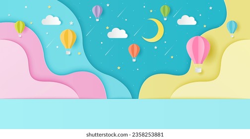 Corte de papel de estudio vacío para presentación de productos. Luna con globos de aire caliente, nubes y estrella de tiro. Tarjeta de ducha para niños, cartel. Ilustración vectorial.