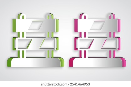 Paper cut End of railway tracks icon isolated on grey background. Stop sign. Railroad buffer end to destination. Paper art style. Vector