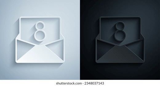 Paper cut Envelope with 8 March icon isolated on grey and black background. Message love. Letter love and romance. International Happy Women Day. Paper art style. Vector