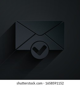 Paper cut Envelope and check mark icon isolated on black background. Successful e-mail delivery, email delivery confirmation. Paper art style. Vector Illustration