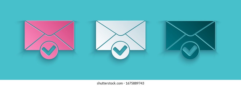 Paper cut Envelope and check mark icon isolated on blue background. Successful e-mail delivery, email delivery confirmation. Paper art style. Vector Illustration