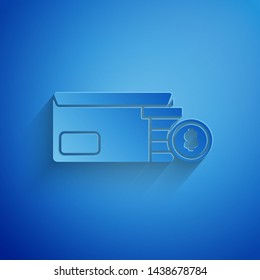 Paper cut Envelope with coin dollar symbol icon isolated on blue background. Salary increase, money payroll, compensation income. Paper art style. Vector Illustration