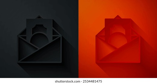 Paper cut Envelope with coin dollar symbol icon isolated on black and red background. Salary increase, money payroll, compensation income. Paper art style. Vector